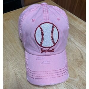 Womens Baseball Pink Glitter Baseball Distressed Hat adjustable new